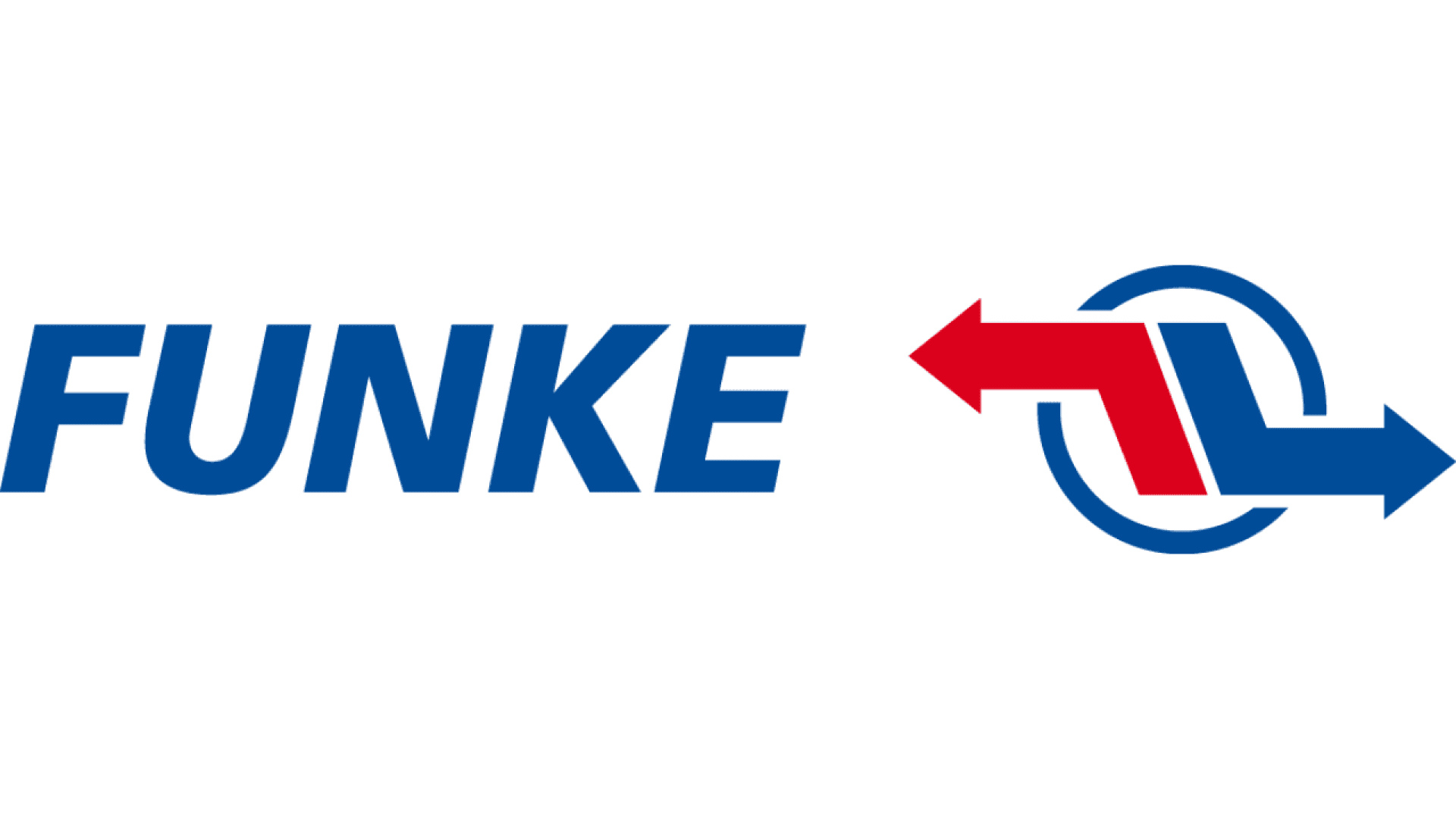 The image shows the word FUNKE in blue capital letters next to a logo with a red left-pointing arrow and a blue right-pointing arrow, both intersecting inside a blue circle.