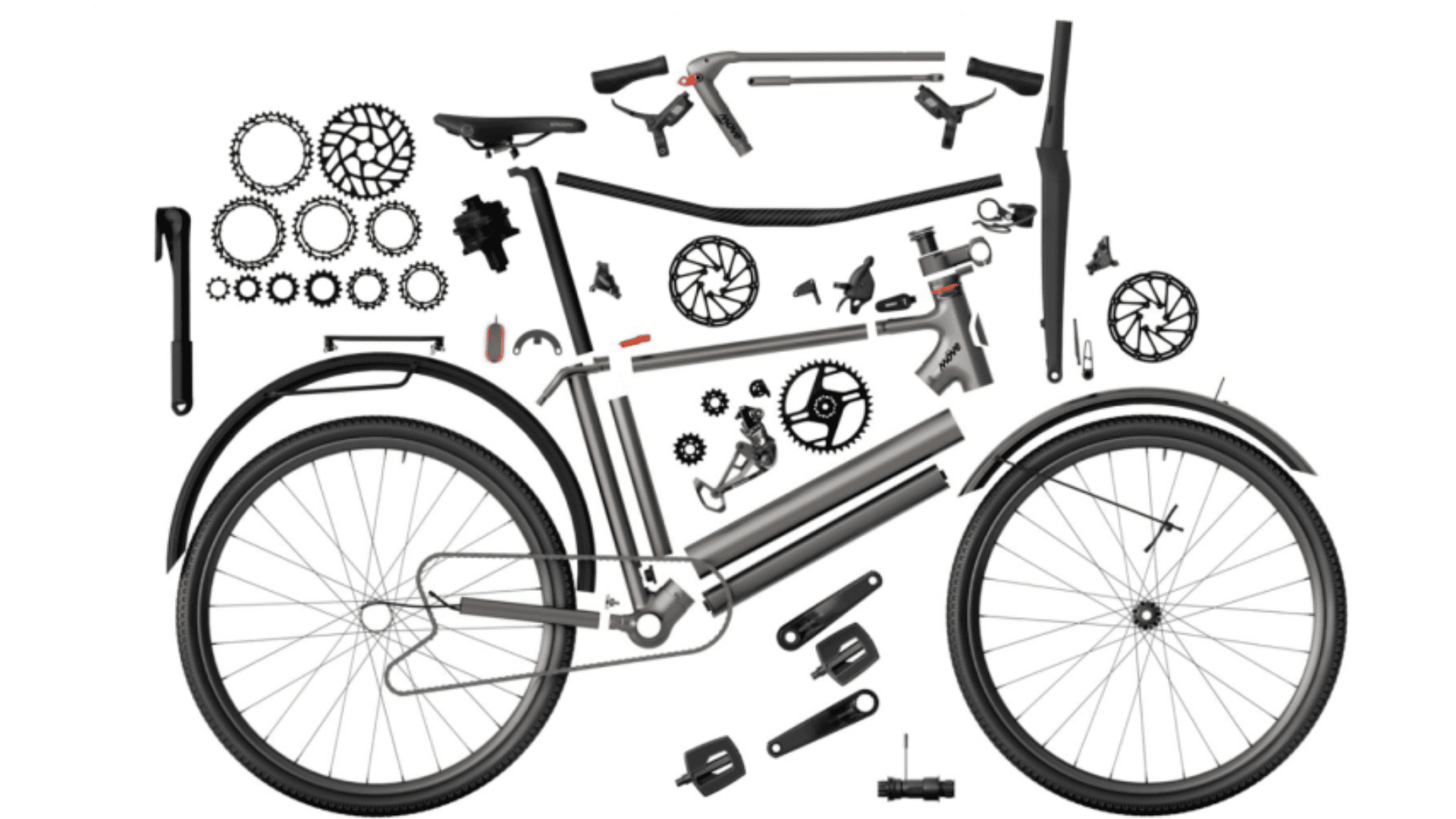 Auf einem weißen Hintergrund sind zerlegte Fahrradteile ausgelegt, darunter Räder, Rahmen, Lenker, Gänge, Pedale, Kette und andere Komponenten, die flach angeordnet sind.