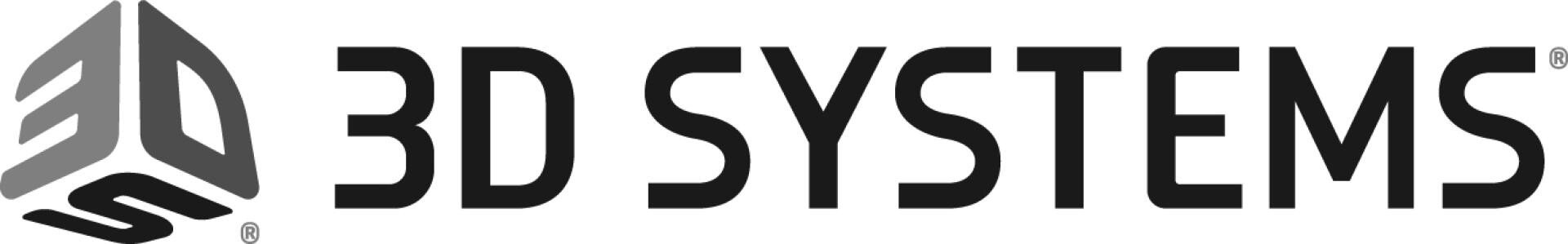 Das Logo von 3D Systems zeigt links ein grau-schwarzes geometrisches Würfeldesign und rechts die Worte „3D SYSTEMS“ in fetten, schwarzen Großbuchstaben.