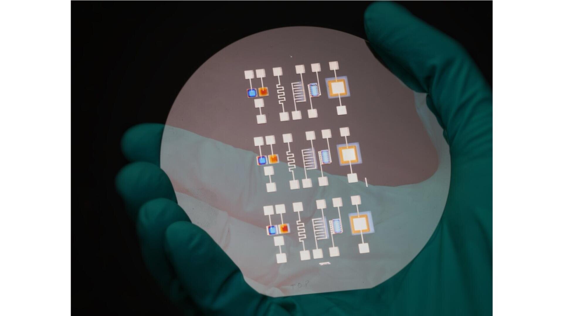 A gloved hand holds a round silicon wafer with multiple small, intricate electronic circuits printed on its surface, set against a dark background.