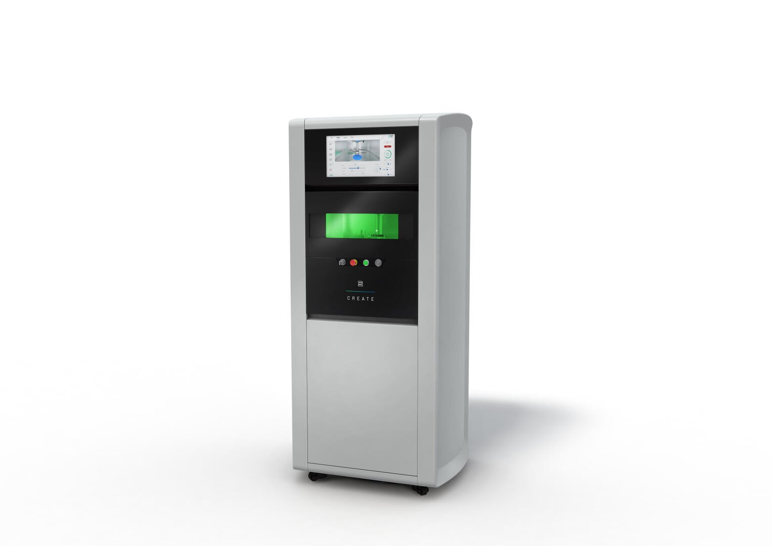 A modern, freestanding kiosk machine with a touchscreen display, control buttons, and a green-lit compartment, set against a plain white background.