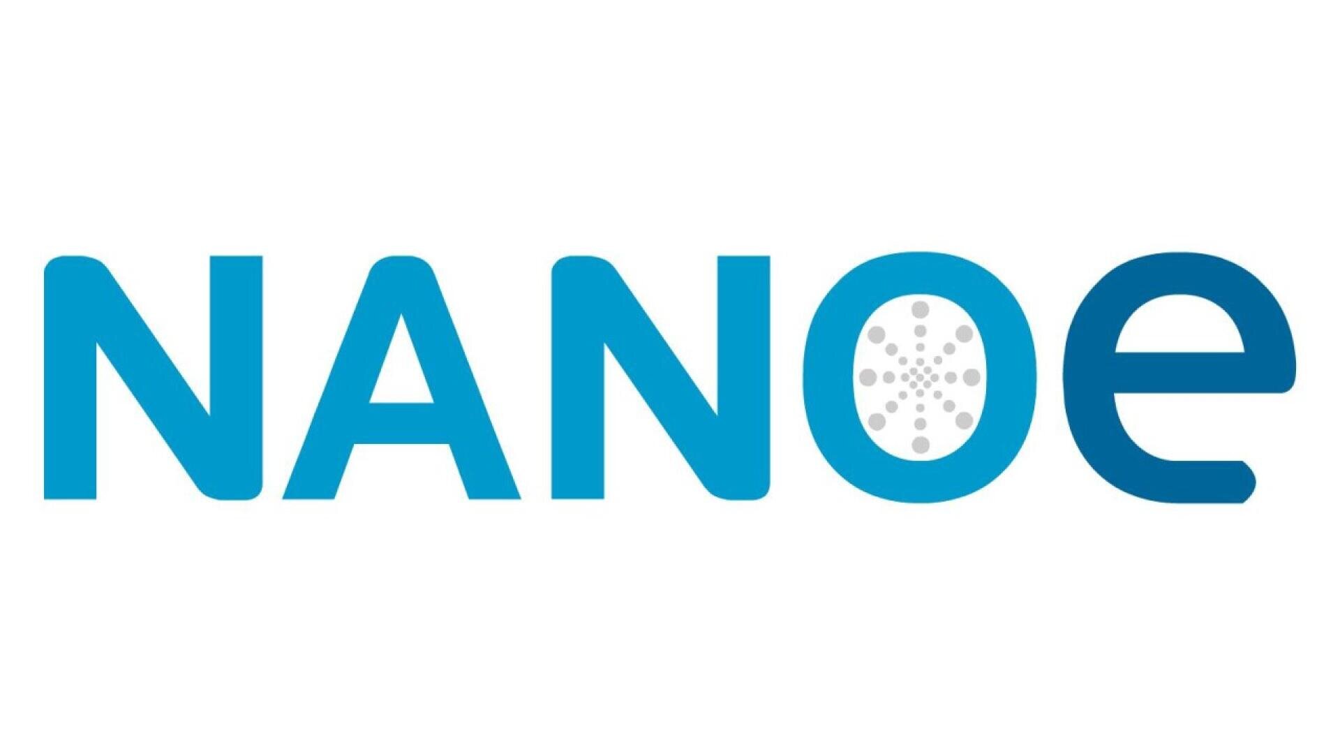 The word NANOE in blue uppercase letters, with the letter O containing several small grey dots arranged in a circular pattern inside it.