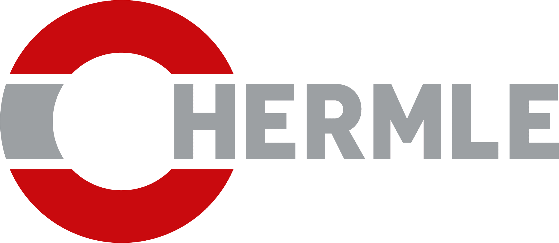 Das Hermle-Logo besteht aus einer großen roten Kreisform mit einem grauen Segment auf der linken Seite und dem Wort HERMLE in fetten grauen Großbuchstaben auf der rechten Seite des Kreises.