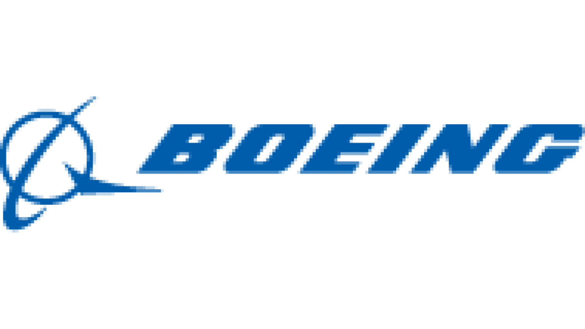 The blue Boeing logo features a stylized ring and swoosh design to the left of the word BOEING in bold, uppercase blue letters on a white background.