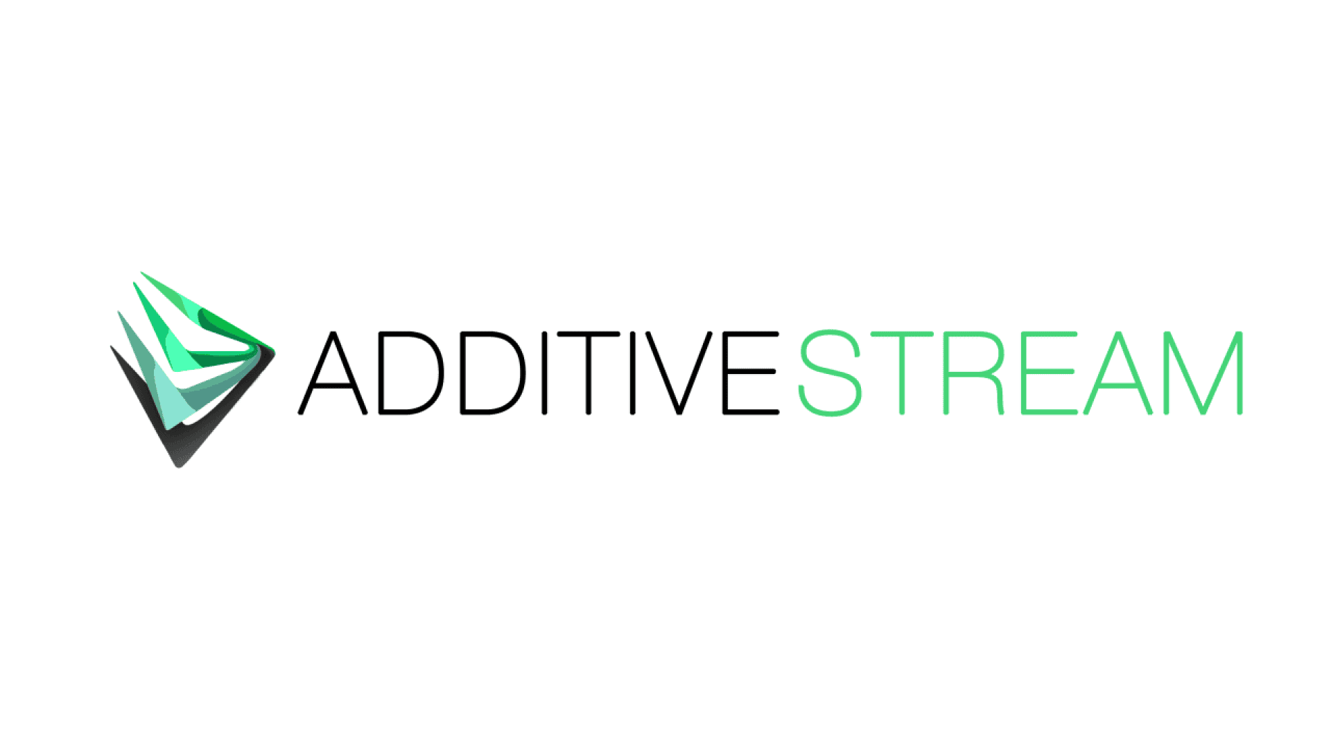 Logo for Additive Stream with a geometric, triangular green and gray icon to the left of the company name. ADDITIVE is in black text and STREAM is in green text on a white background.