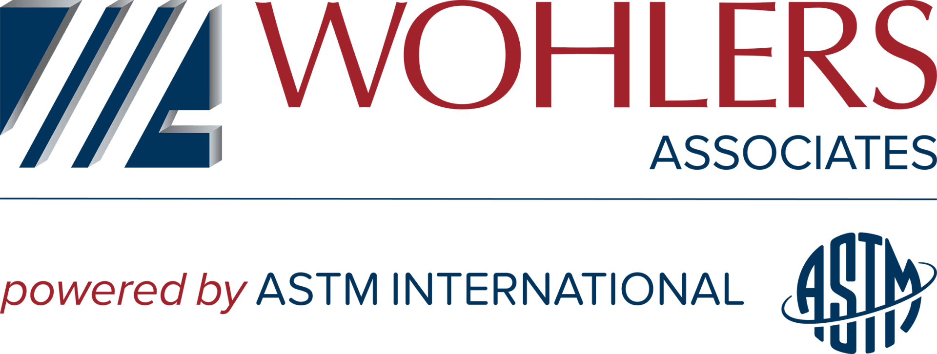WOHLERS ASSOCIATES-Logo mit blauem und rotem Text. Darunter steht der Satz powered by ASTM INTERNATIONAL und das Logo von ASTM International auf der rechten Seite.