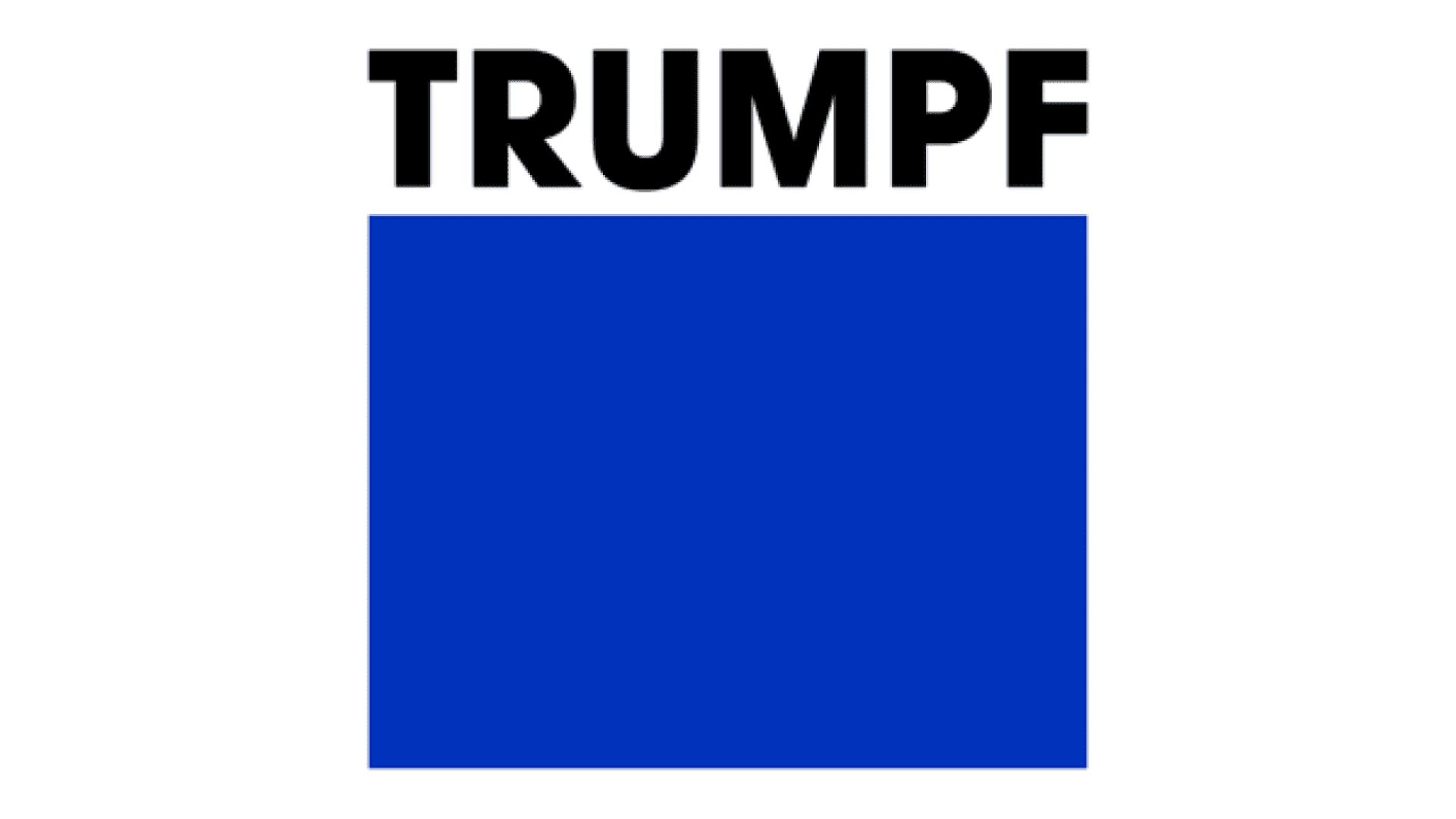 The image shows the word TRUMPF in bold black letters above a large solid blue square, all on a white background.