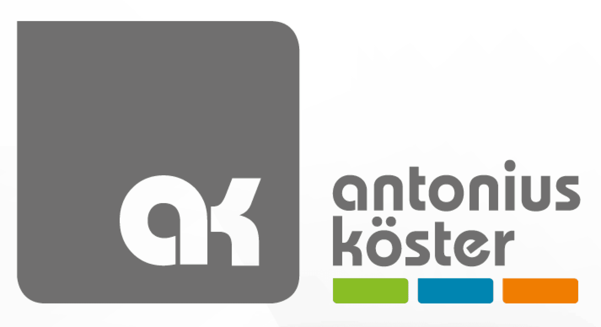 Logo for Antonius Köster, featuring a gray square with lowercase letters ak inside, and the name antonius köster beside it. Four colored bars (green, blue, orange, gray) appear below the text.