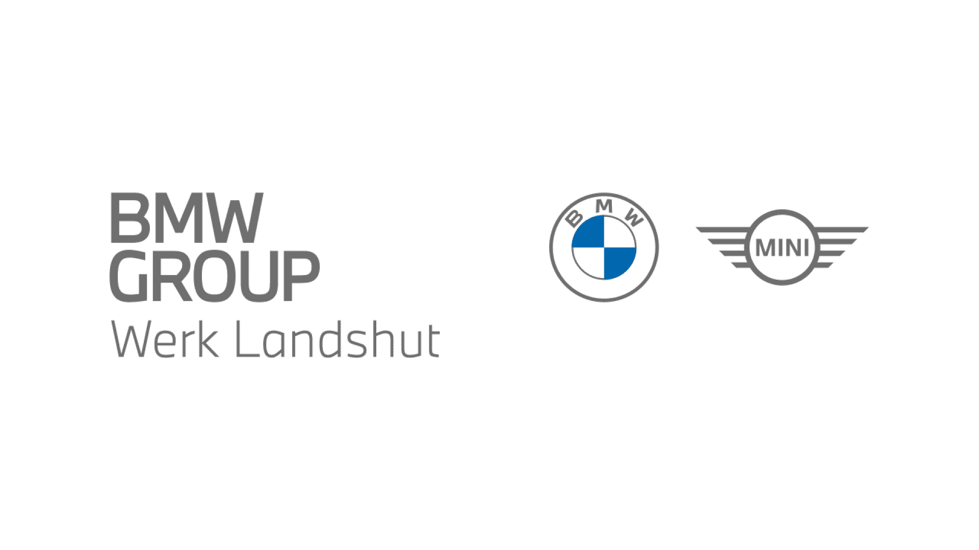 BMW Group Werk Landshut text logo on the left, with BMW and MINI logos on the right, all displayed on a white background.