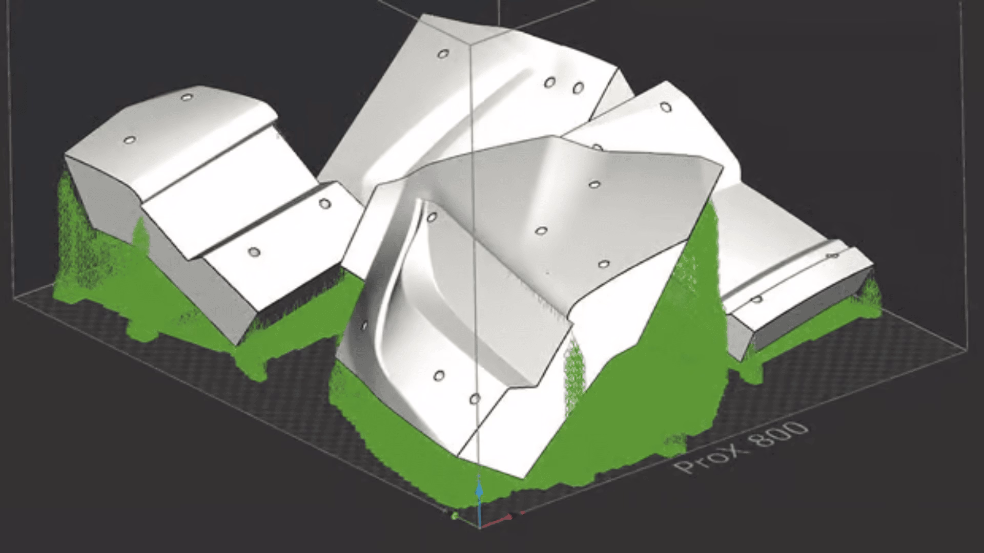 3D-Modell aus mehreren miteinander verbundenen, abstrakten, weißen, eckigen Oberflächen mit grünen Stützen, die auf einem dunklen Hintergrund angezeigt werden und Teilen einer komplexen geometrischen oder architektonischen Struktur ähneln.