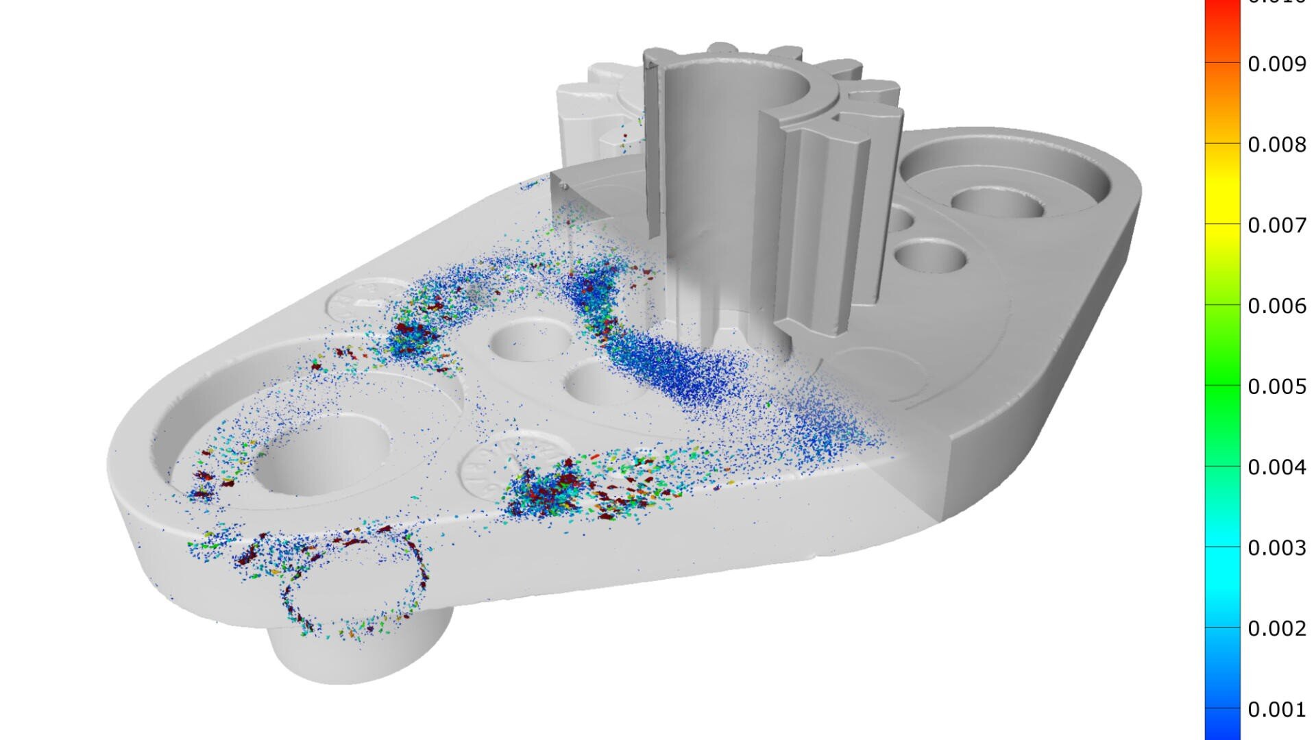A 3D CAD model of a mechanical part overlaid with a color-coded scatter plot showing simulation data, mainly blue and green points, with a color scale bar ranging from 0.001 to 0.009 on the right.