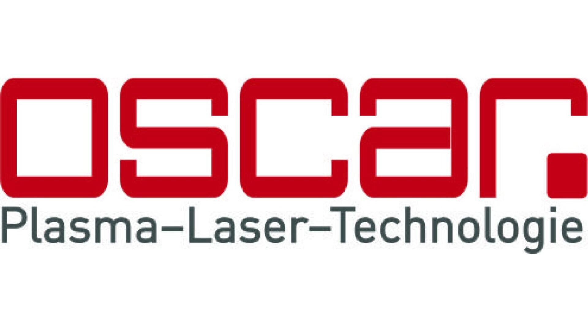 Logo with the word oscar in bold red lowercase letters on top, and Plasma-Laser-Technologie in smaller gray text underneath.