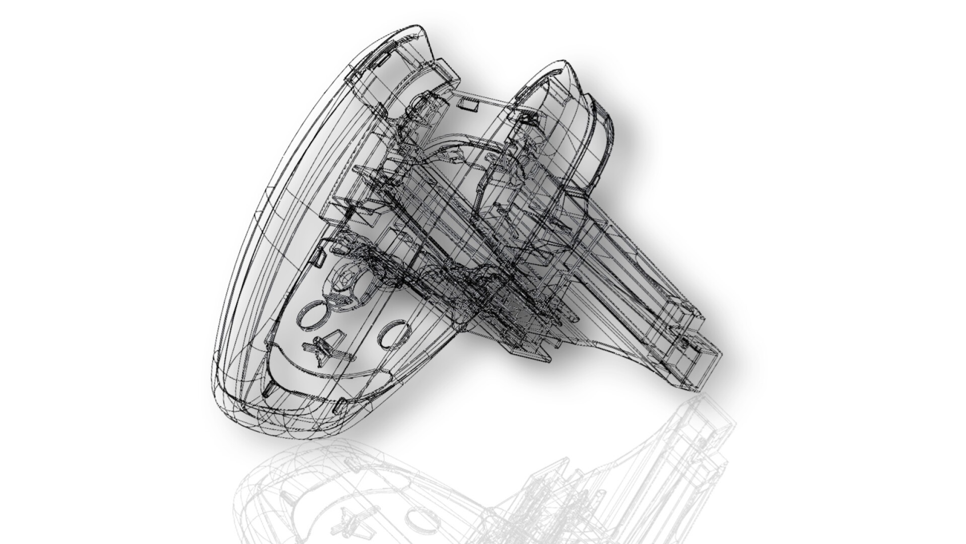 3D wireframe rendering of a mechanical component or device with curved and angular parts, displayed at an angle on a white background, with a faint reflection below.