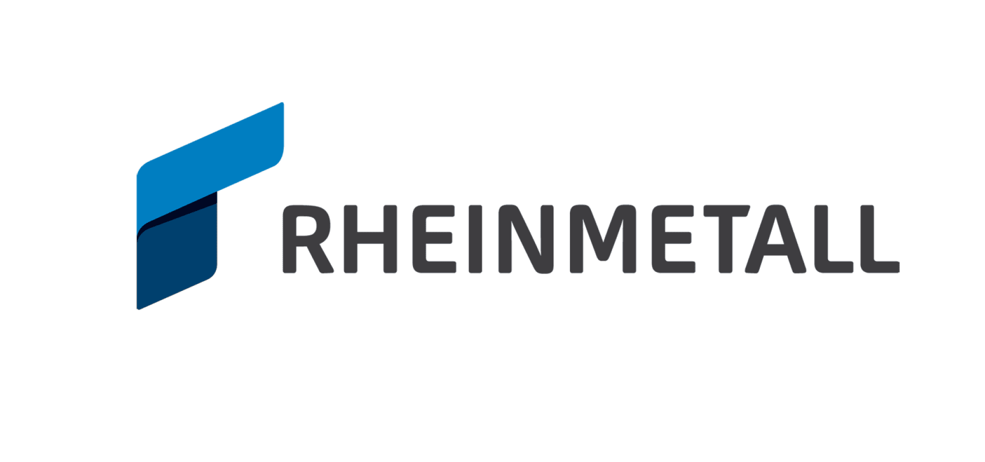 Rheinmetall-Logo mit einer stilisierten blauen und dunkelblauen geometrischen Form links neben dem Wort RHEINMETALL in fetten, grauen Großbuchstaben.