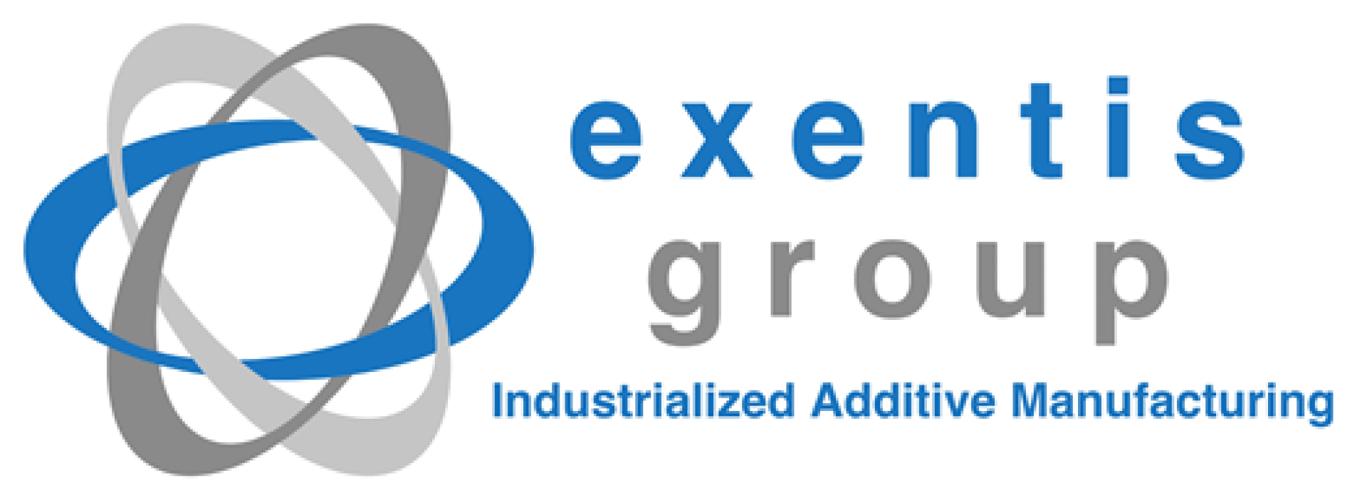 Logo der Exentis-Gruppe mit sich überlappenden blauen und grauen Ellipsen auf der linken Seite und dem Text "exentis group" und "Industrialized Additive Manufacturing" auf der rechten Seite.