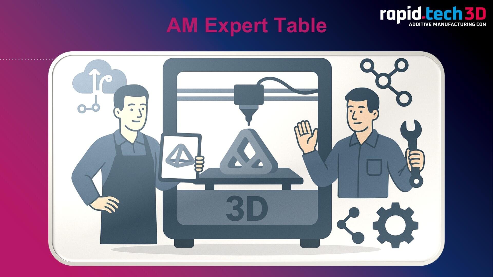 Zwei Personen stehen an einem 3D-Drucker. Eine hält ein Tablet mit einem 3D-Modell, die andere einen Schraubenschlüssel. Auf dem Drucker befindet sich ein Dreiecksmodell. Umgeben sind die Modelle von Zahnrädern und Netzwerkknoten. Der Text lautet: „AM Expert Table“.