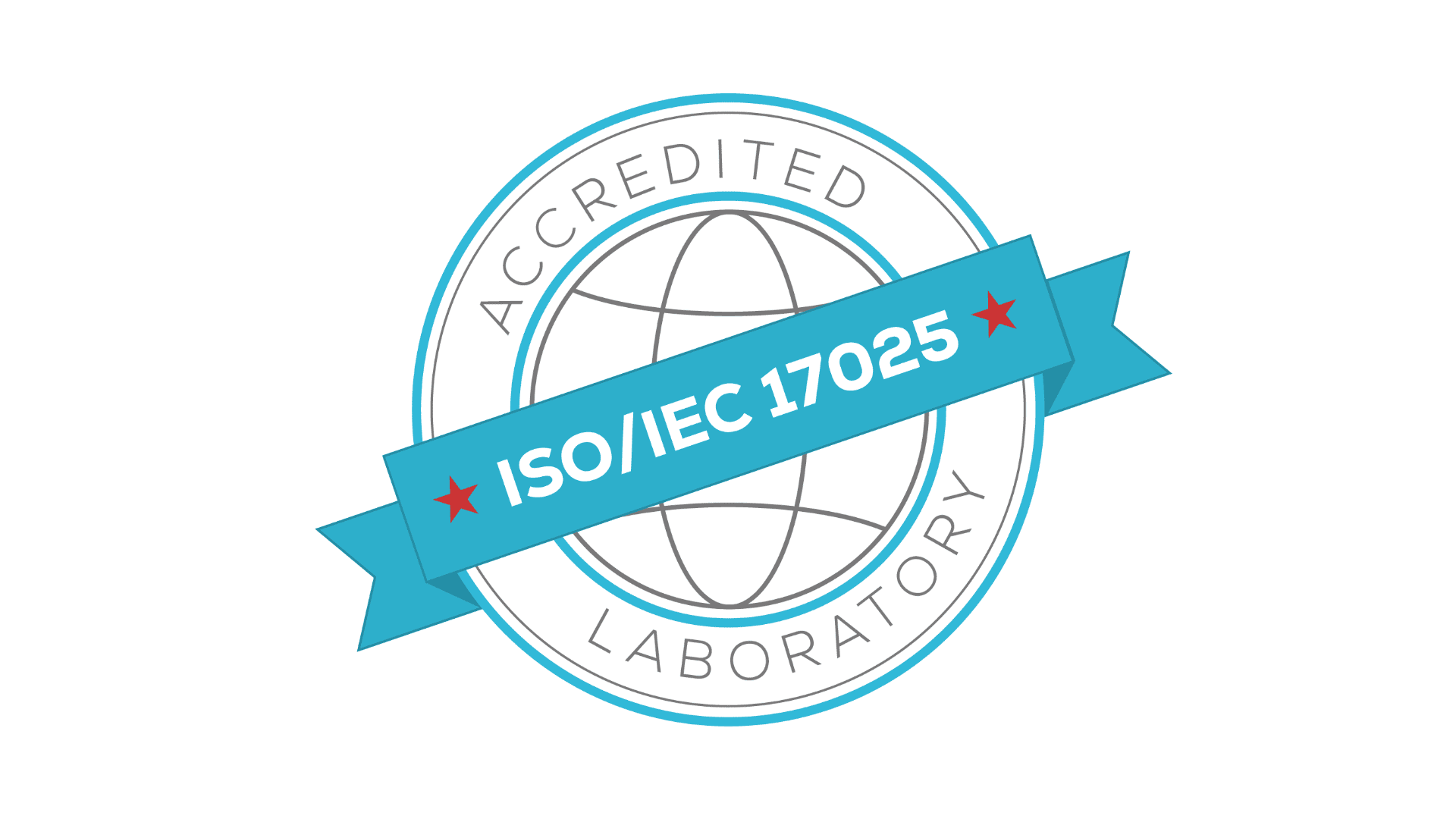 A circular badge with a globe in the center, overlaid by a blue ribbon reading ISO/IEC 17025. The outer edge says Accredited Laboratory. The design uses blue, white, and gray tones.