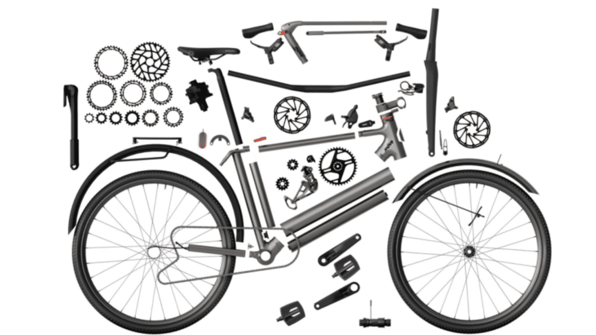 Various bicycle parts, including wheels, gears, pedals, handlebars, frame, and other components, are arranged on a white background to form the shape of a complete bicycle.