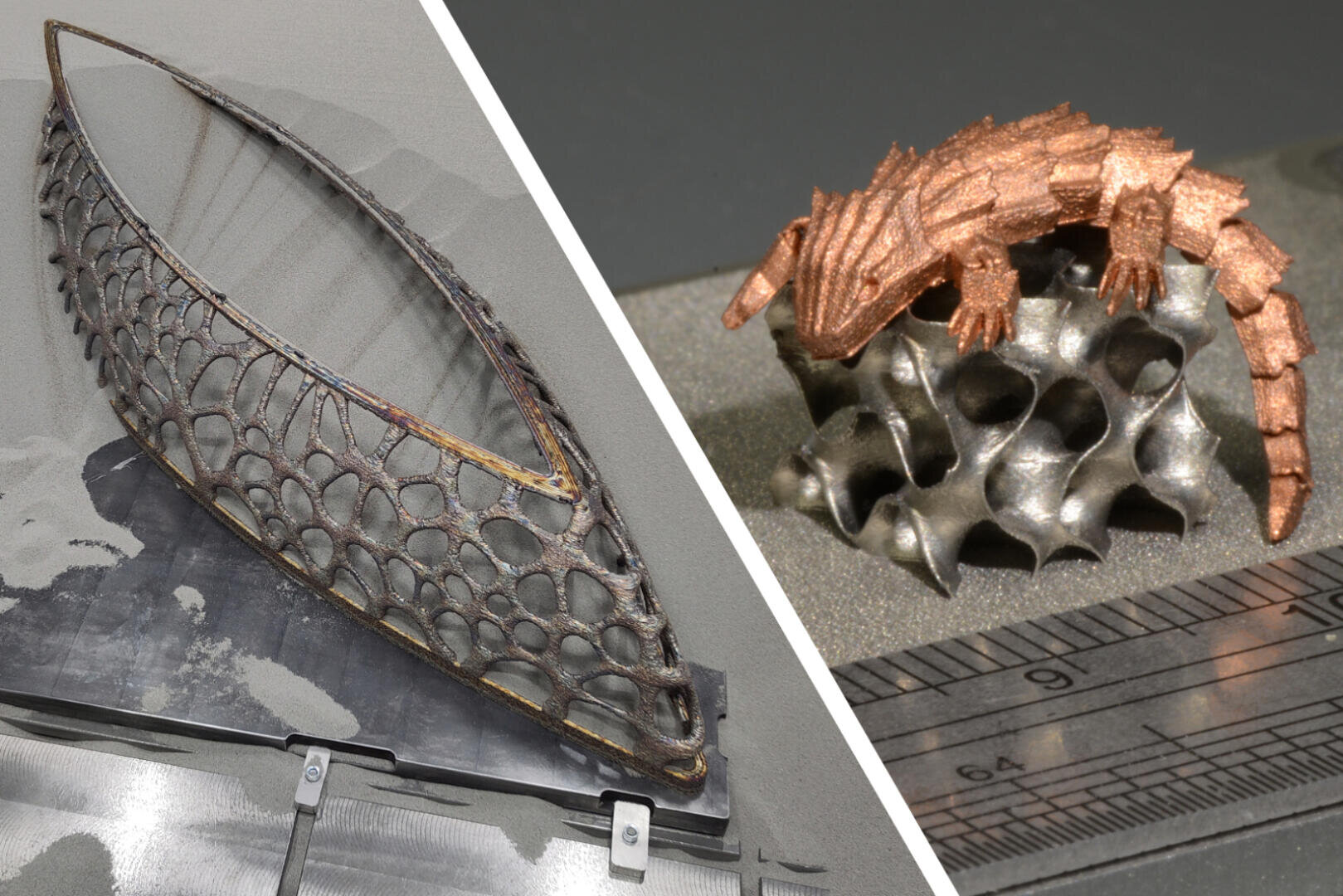 Ein geteiltes Bild zeigt zwei 3D-gedruckte Metallobjekte: links eine hohle, ovale Struktur mit einem Gittermuster, rechts eine kleine Eidechsenfigur, die auf einer stacheligen geometrischen Form neben einem Lineal als Maßstab ruht.
