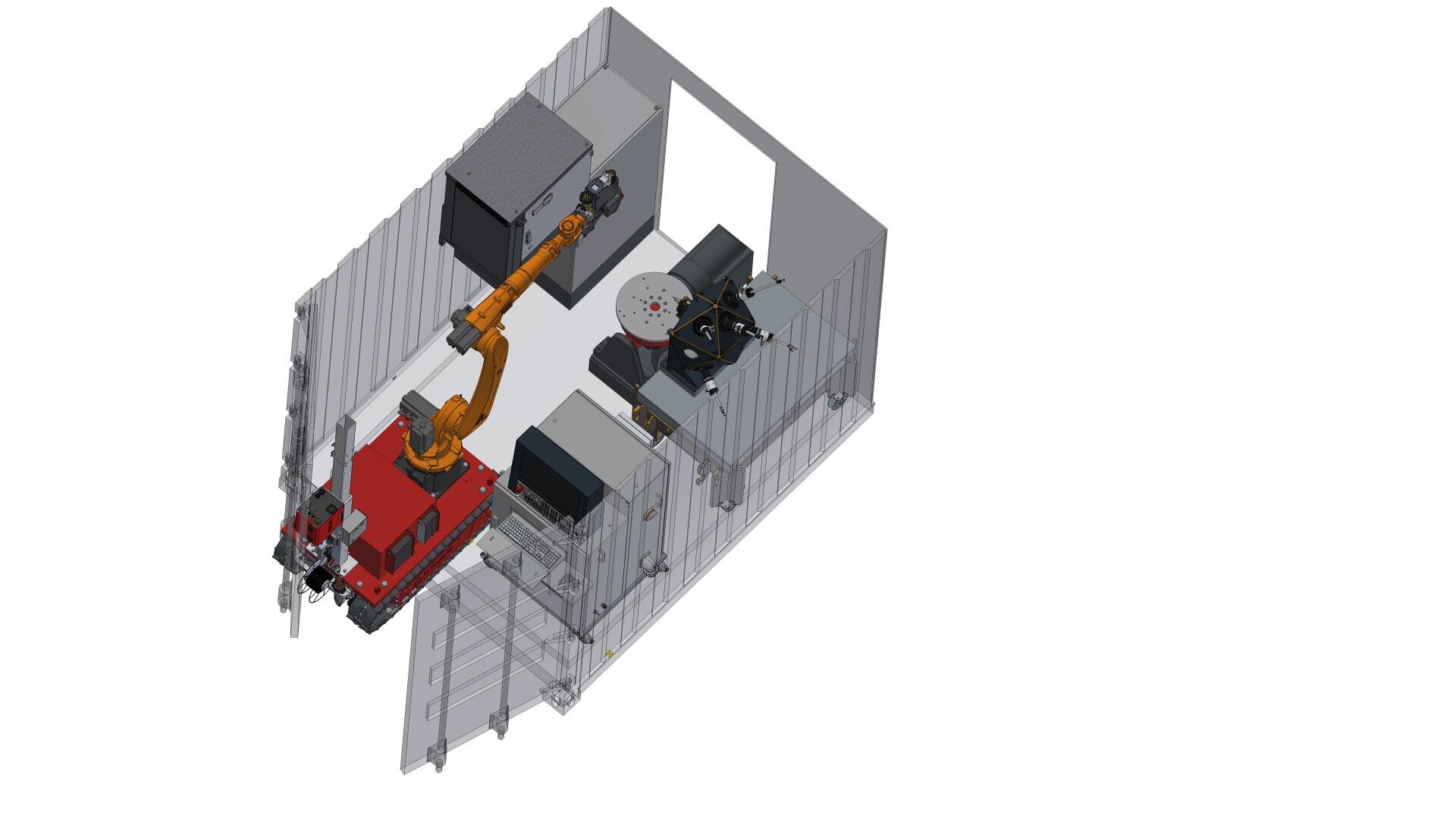 3D-Darstellung eines industriellen Roboterarms in einer Teilumhausung, der Objekte zwischen zwei Arbeitsstationen mit Geräten und Bedienfeldern transportiert. Der Aufbau scheint für automatisierte Fertigungs- oder Verarbeitungsaufgaben konzipiert zu sein.