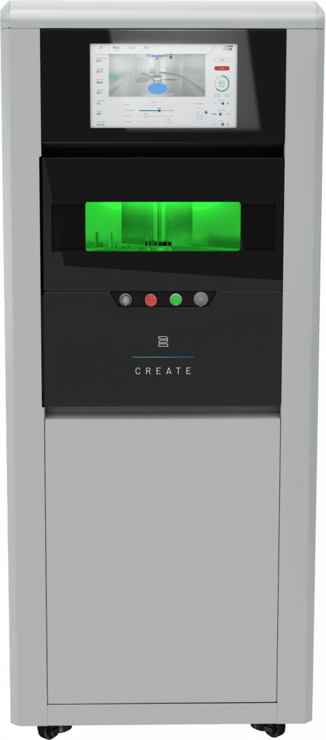 Ein großer, weißer 3D-Drucker mit einem Touchscreen-Display oben und einer grün beleuchteten Druckkammer darunter, auf der Vorderseite mit der Aufschrift „CREATE“ beschriftet.