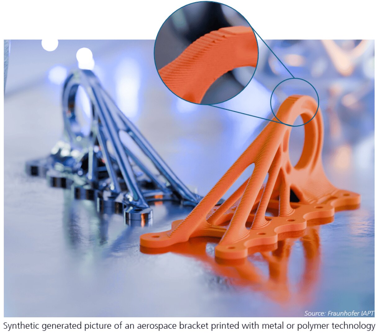 Close-up of an orange 3D-printed aerospace bracket with a magnified view highlighting its texture; metallic versions of the bracket are visible in the background on a reflective surface.
