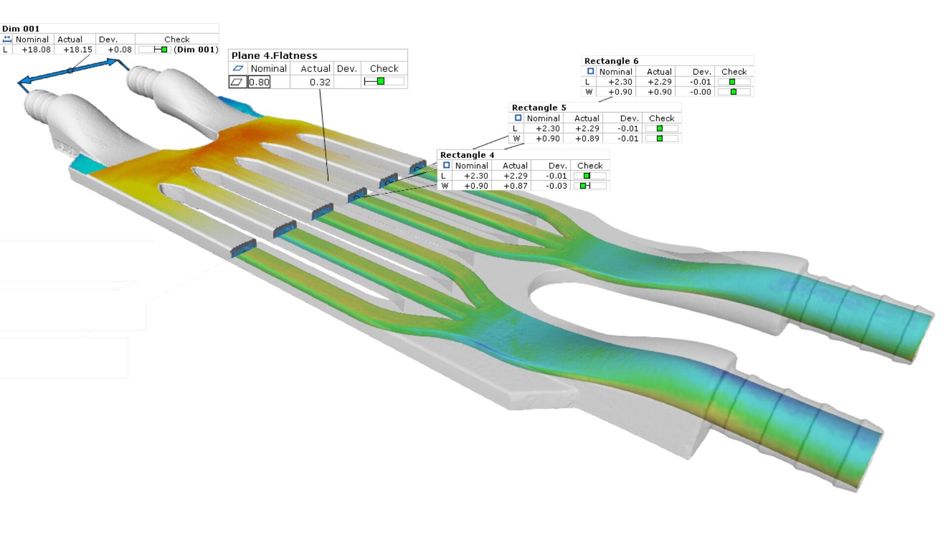A 3D model of a mechanical part with color gradients showing surface deviations, annotated with measurement callouts displaying nominal, actual, and deviation values for various sections and planes.