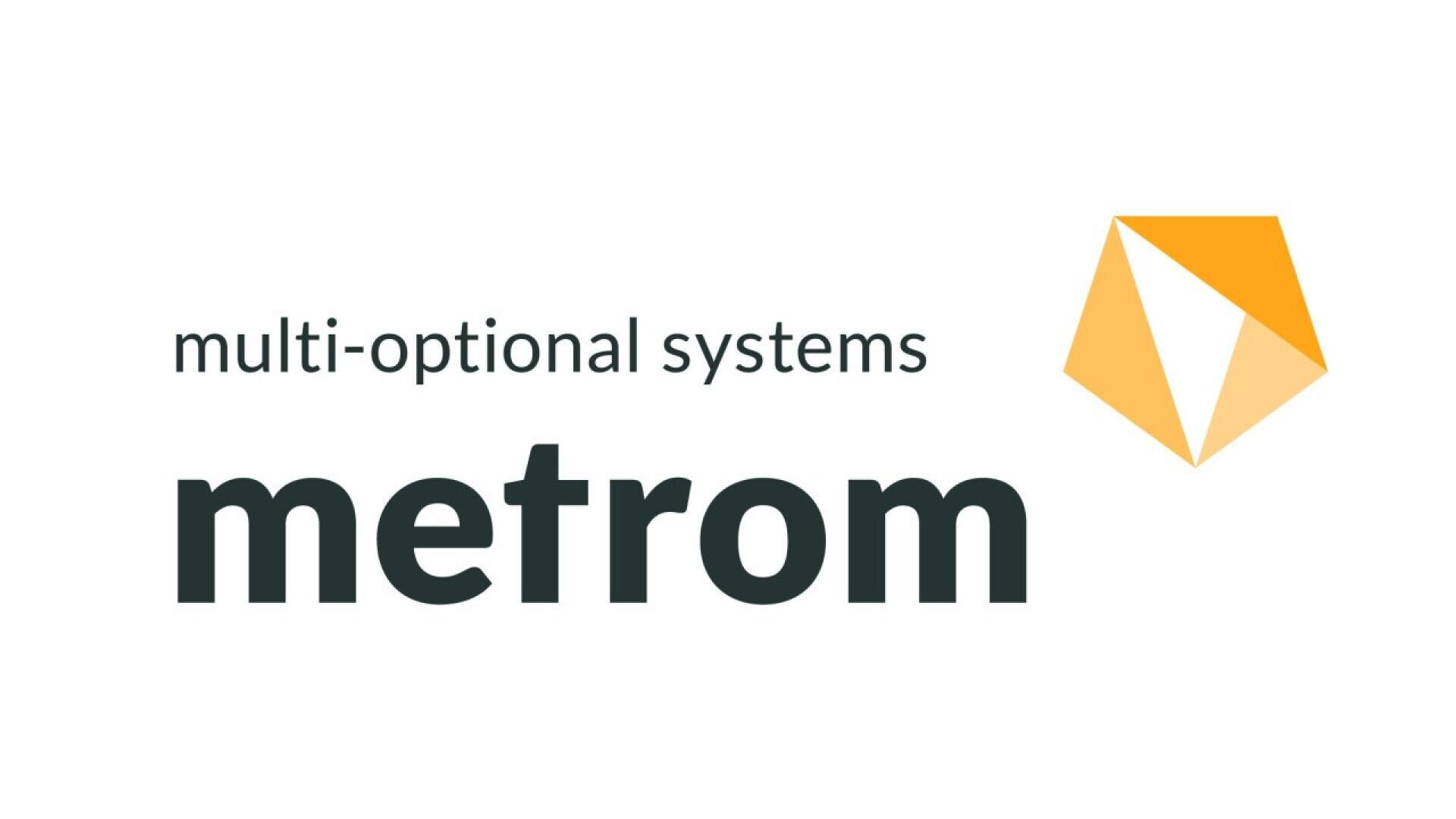 Logo with the words multi-optional systems metrom in black text, next to a yellow and white geometric polygon design on a white background.
