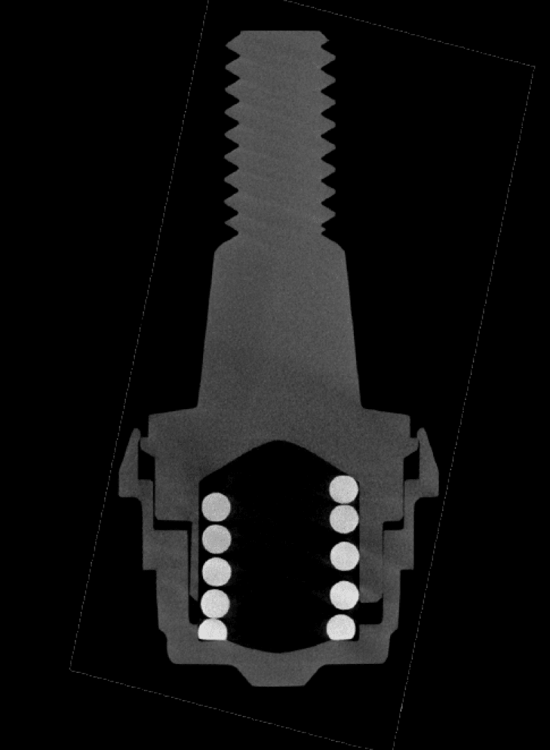 X-ray image of a mechanical screw with a cross-section, revealing internal components including several ball bearings arranged in two vertical rows inside the lower part of the device.