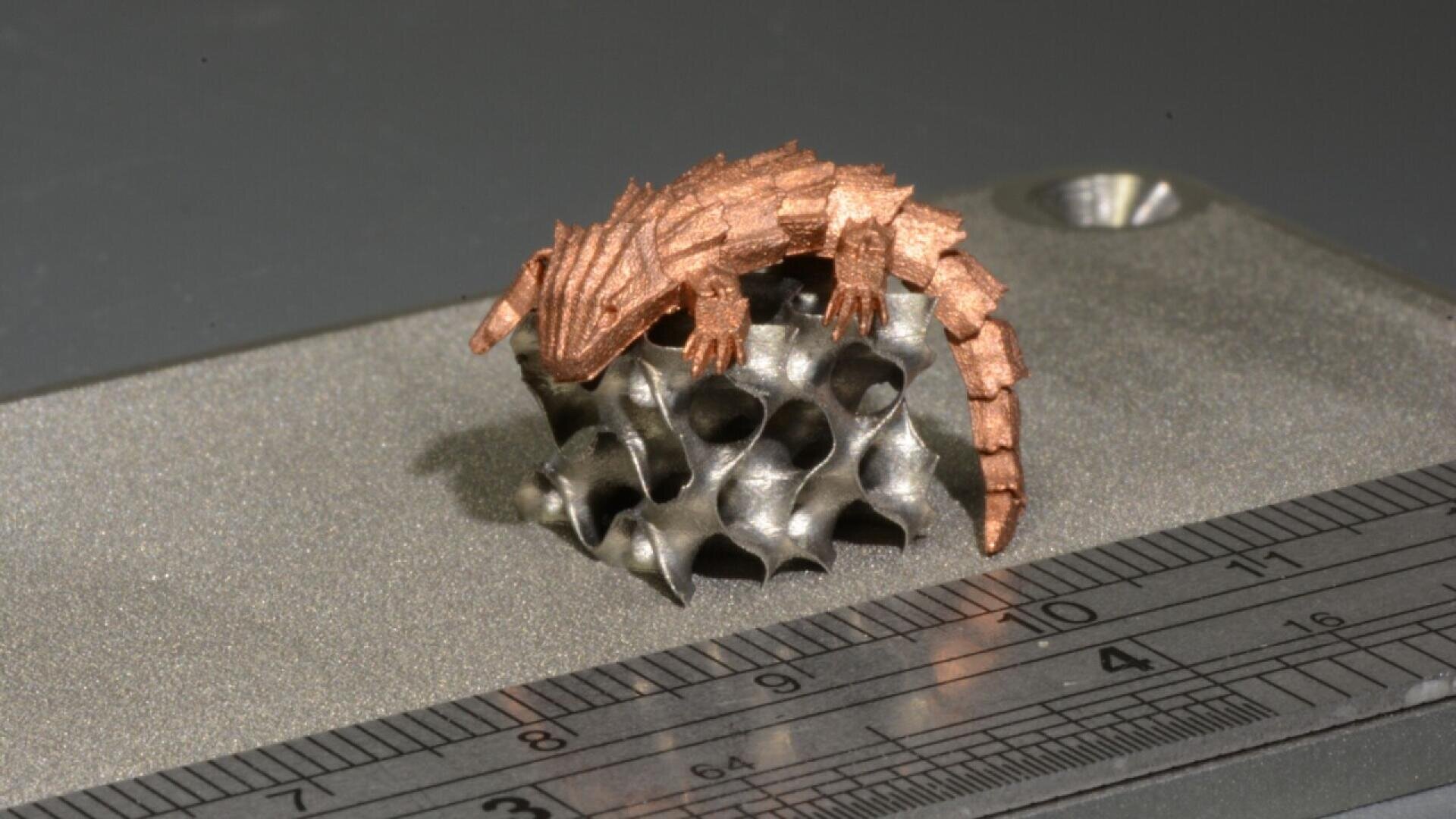 A small, detailed, bronze-colored model of a lizard sits atop a metallic, lattice-like structure, with a ruler below showing its length is about 4 centimeters.