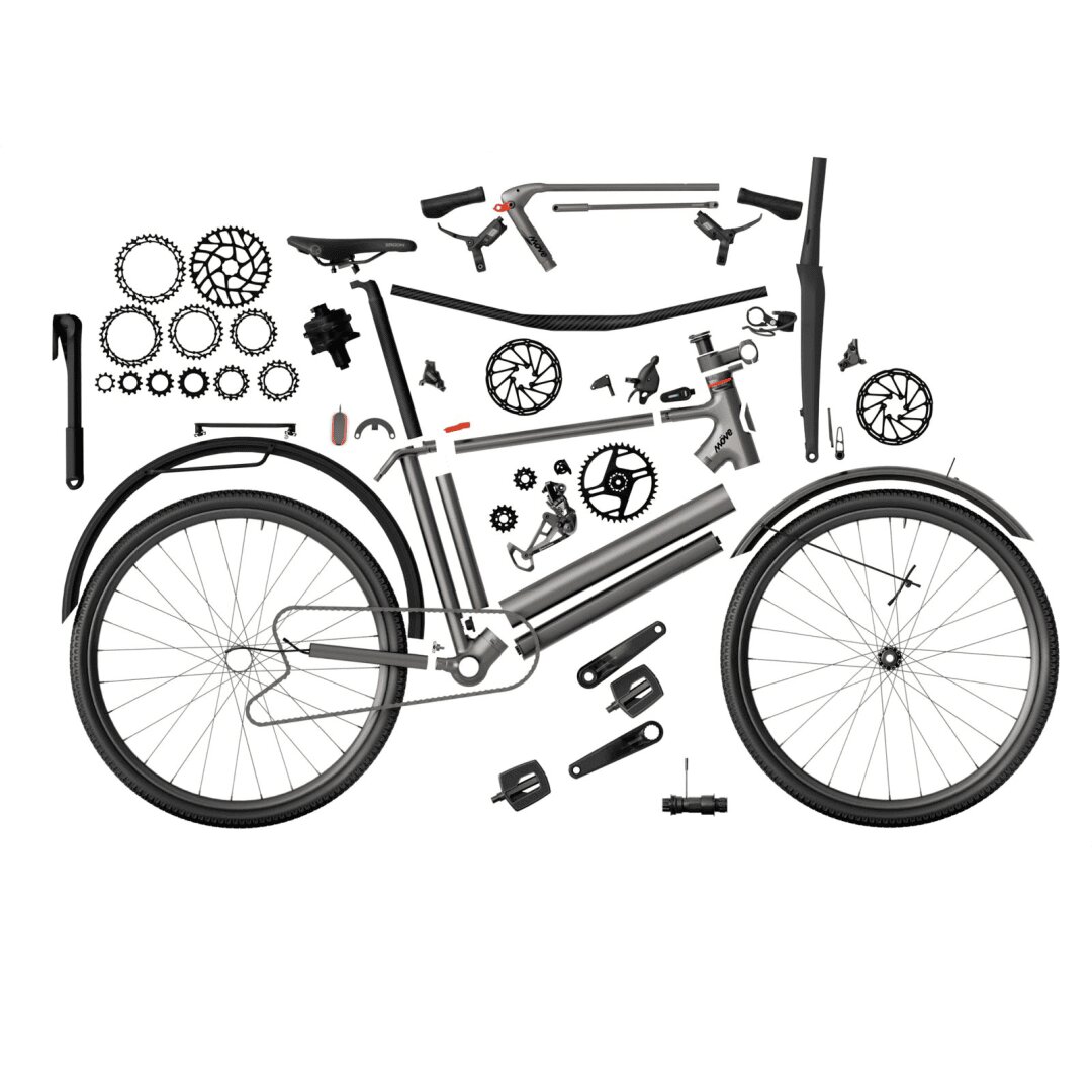 Abgebildet ist ein Fahrrad in zerlegtem Zustand mit allen seinen Einzelteilen, einschließlich Rädern, Gangschaltung, Rahmen, Pedalen, Lenker und anderen Komponenten, die übersichtlich vor einem weißen Hintergrund angeordnet sind.