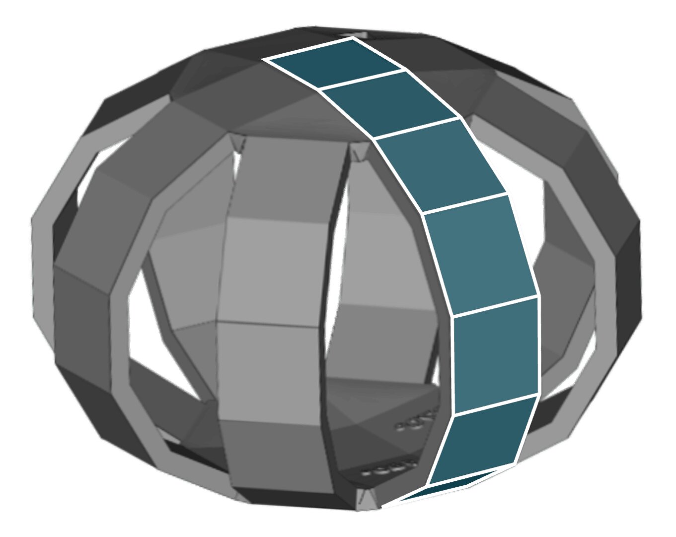 Eine polygonale, kugelähnliche 3D-Struktur mit offenem Gerüst, bei der ein äußerer Streifen entlang der gekrümmten Oberfläche blau hervorgehoben ist.