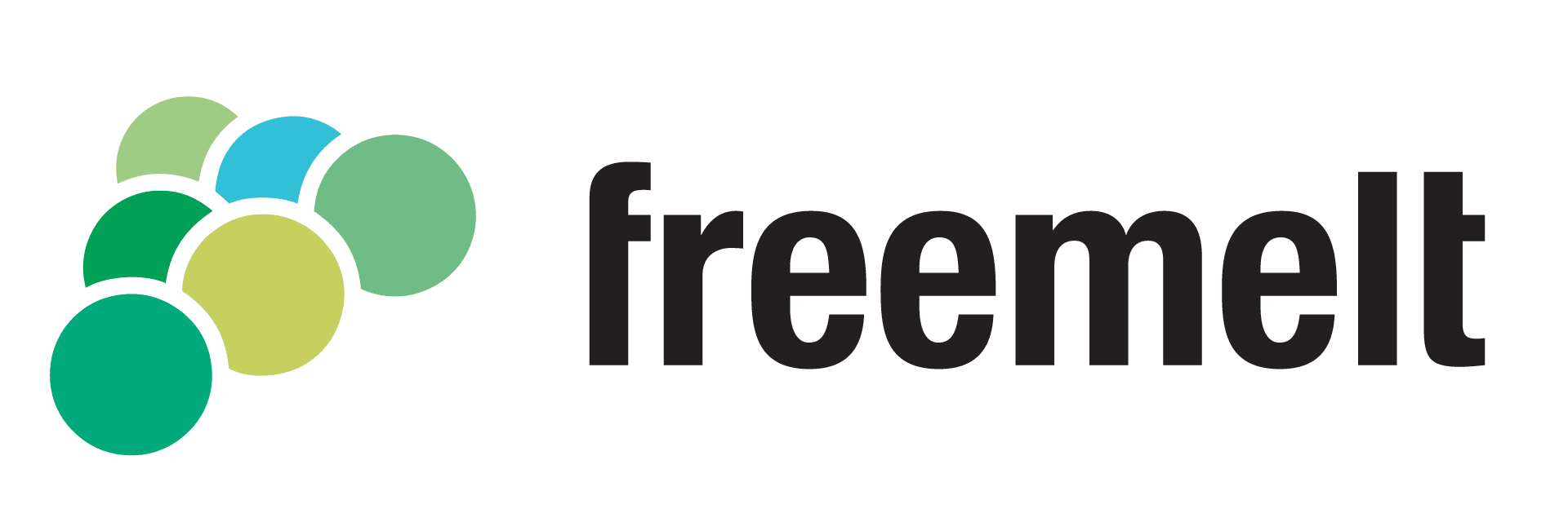 Das Freemelt-Logo zeigt fünf sich überlappende Kreise in verschiedenen Grün- und Blautönen auf der linken Seite, daneben das Wort freemelt in fetten schwarzen Kleinbuchstaben.
