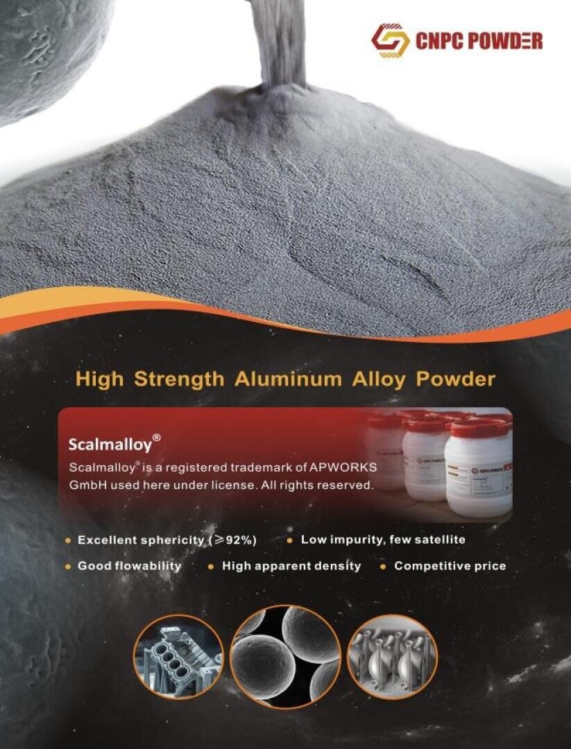 A promotional poster for CNPC Powders high-strength aluminum alloy powder, featuring images of metallic powder, sample jars, and powder close-ups, with highlighted features like sphericity, flowability, and low impurity.