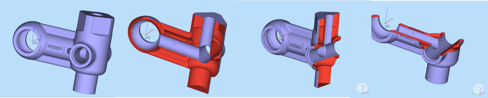 Vier 3D-CAD-Ansichten eines mechanischen Teils, dargestellt in Lila und Rot, zeigen verschiedene Winkel und Querschnitte und heben interne und externe Merkmale hervor, wobei in jeder Ansicht Referenzachsen sichtbar sind.