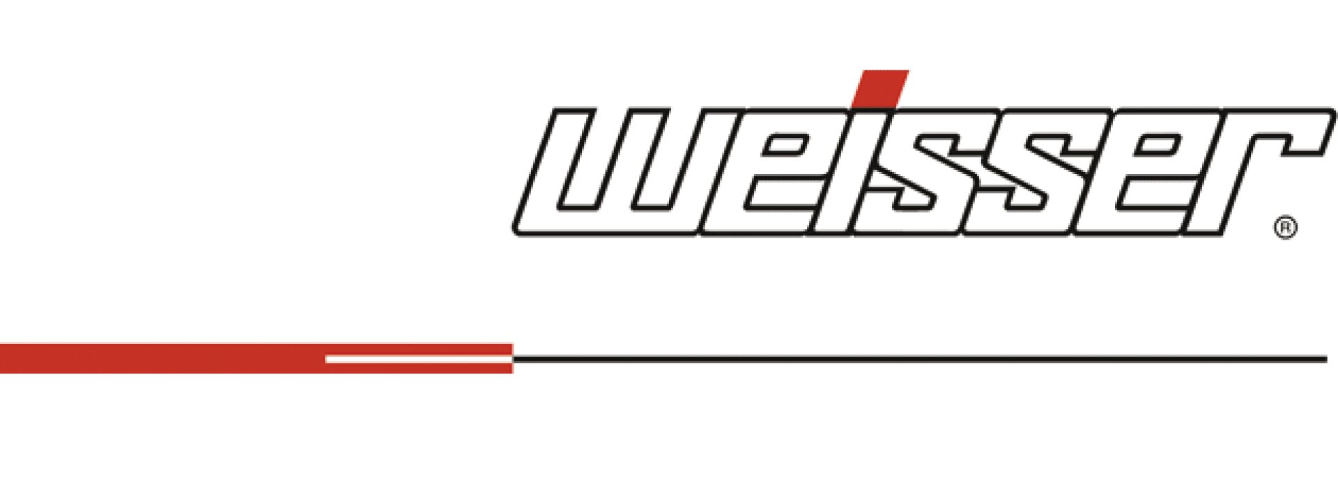 Logo with the word Weisser in bold, outlined letters. A red rectangle is above the letter i, and a horizontal black line with a red segment runs beneath the logo, extending to the left.