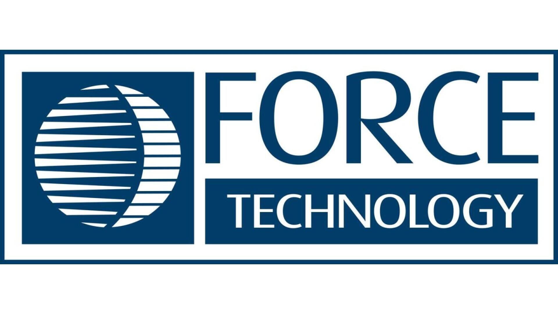 FORCE Technology logo featuring a blue and white striped globe on the left, with the words FORCE above TECHNOLOGY in bold blue letters to the right of the globe.