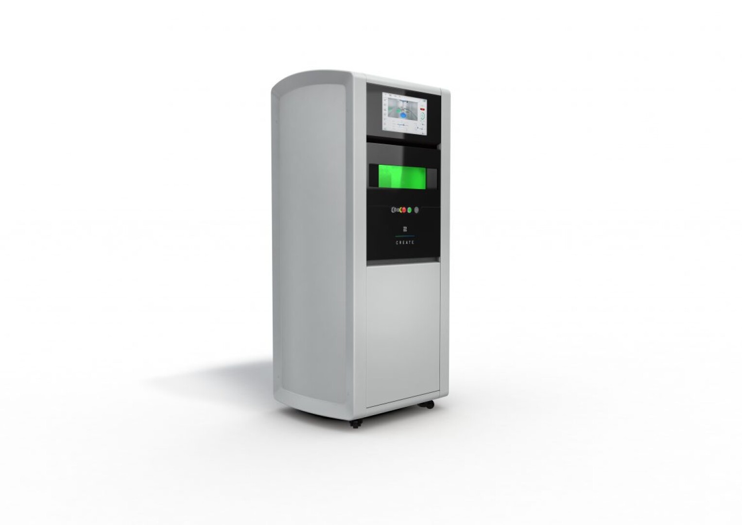 Ein moderner, weißer, rechteckiger elektronischer Kiosk mit Bildschirm und Bedienfeld, der allein auf einem weißen Hintergrund steht.