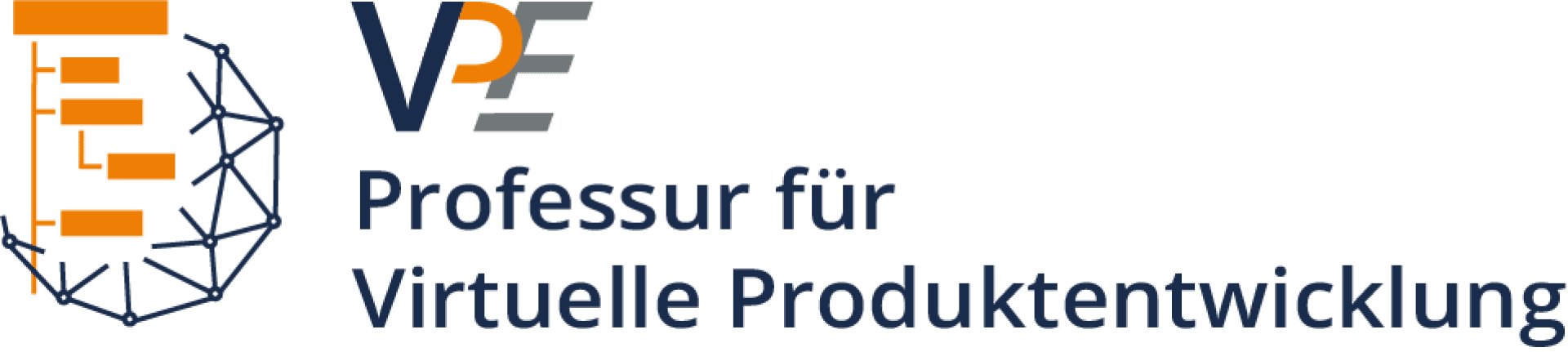 Logo der Professur für Virtuelle Produktentwicklung mit stilisierten orangefarbenen und blauen Grafikelementen, darunter ein Netzdiagramm auf der linken Seite und die Buchstaben VPE über dem Text auf der rechten Seite.