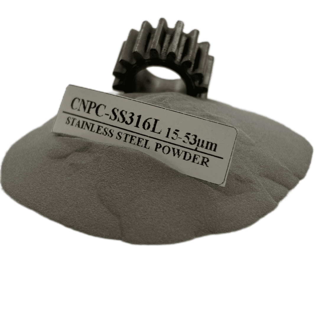 A mound of fine gray powder labeled CNPC-SS316L 15-53μm Stainless Steel Powder with a metal gear placed on top of the mound.