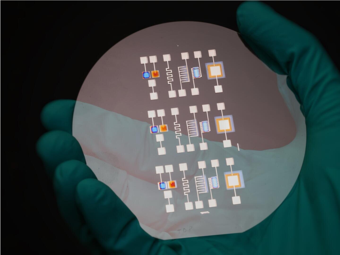 Eine behandschuhte Hand hält vor einem dunklen Hintergrund einen runden, transparenten Wafer, auf dessen Oberfläche komplexe Mikrochip-Schaltkreise und bunte Komponenten aufgedruckt sind.