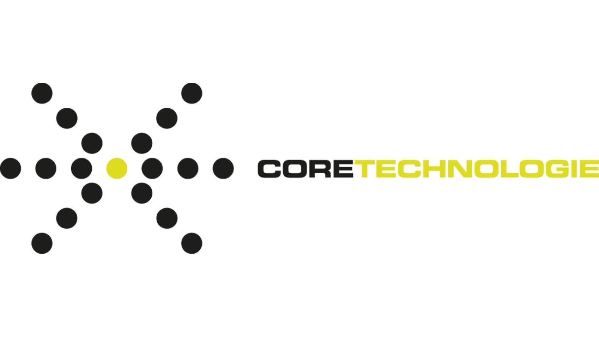Logo for CoreTechnologie featuring black dots arranged in an arrow shape pointing left, with the words CORE in black and TECHNOLOGIE in yellow on a white background.