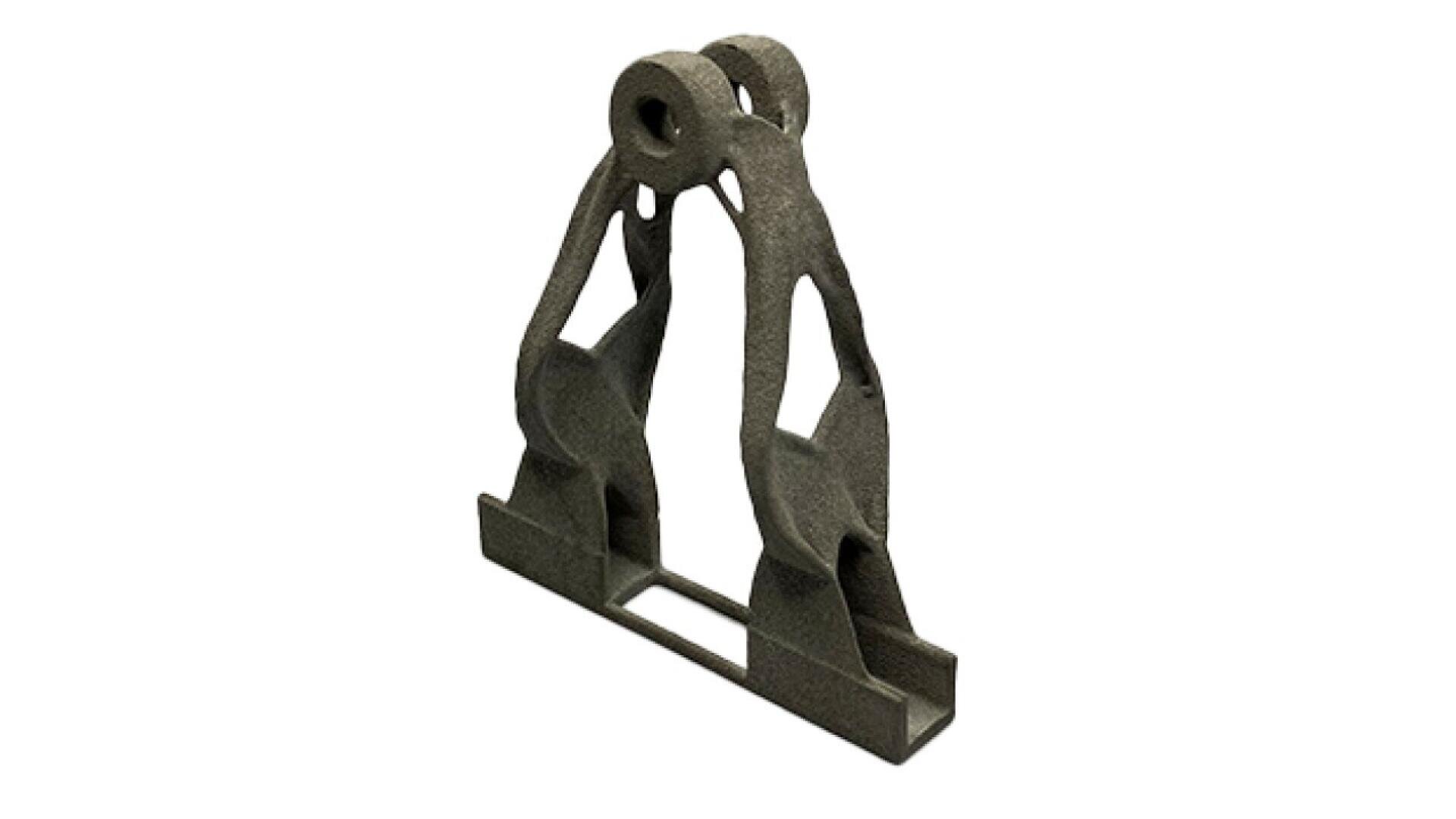 A 3D-printed metal bracket with an organic, lattice-like structure and two circular holes at the top, designed for optimal strength and lightweight performance. The object is displayed against a white background.
