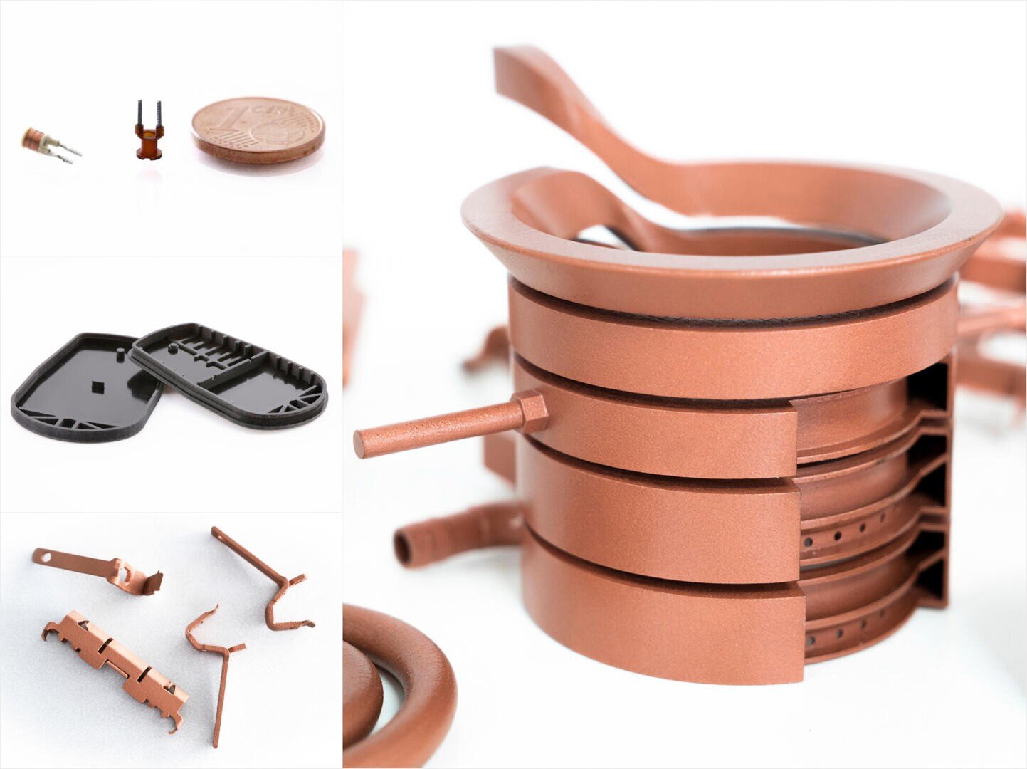 A collage of various 3D-printed copper-colored components, including small electronic parts, trays, and circular stacked structures with protruding tubes, all displayed against a white background.