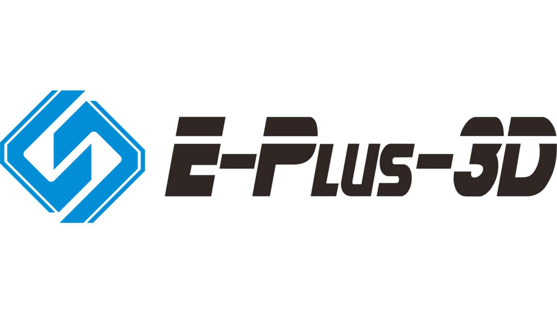 E-Plus-3D logo featuring bold black text and a blue geometric symbol to the left, resembling interlocking shapes within a diamond outline.