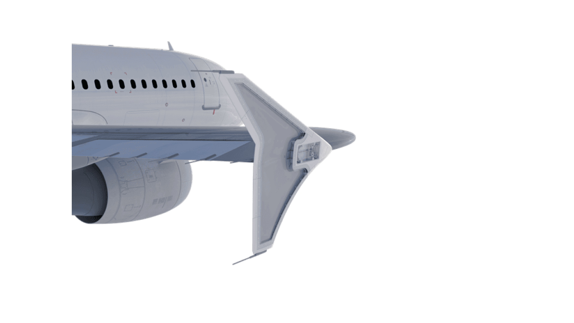 A close-up of the left wingtip and engine of a commercial airplane, featuring a distinctive upward-curved winglet design, set against a white background.