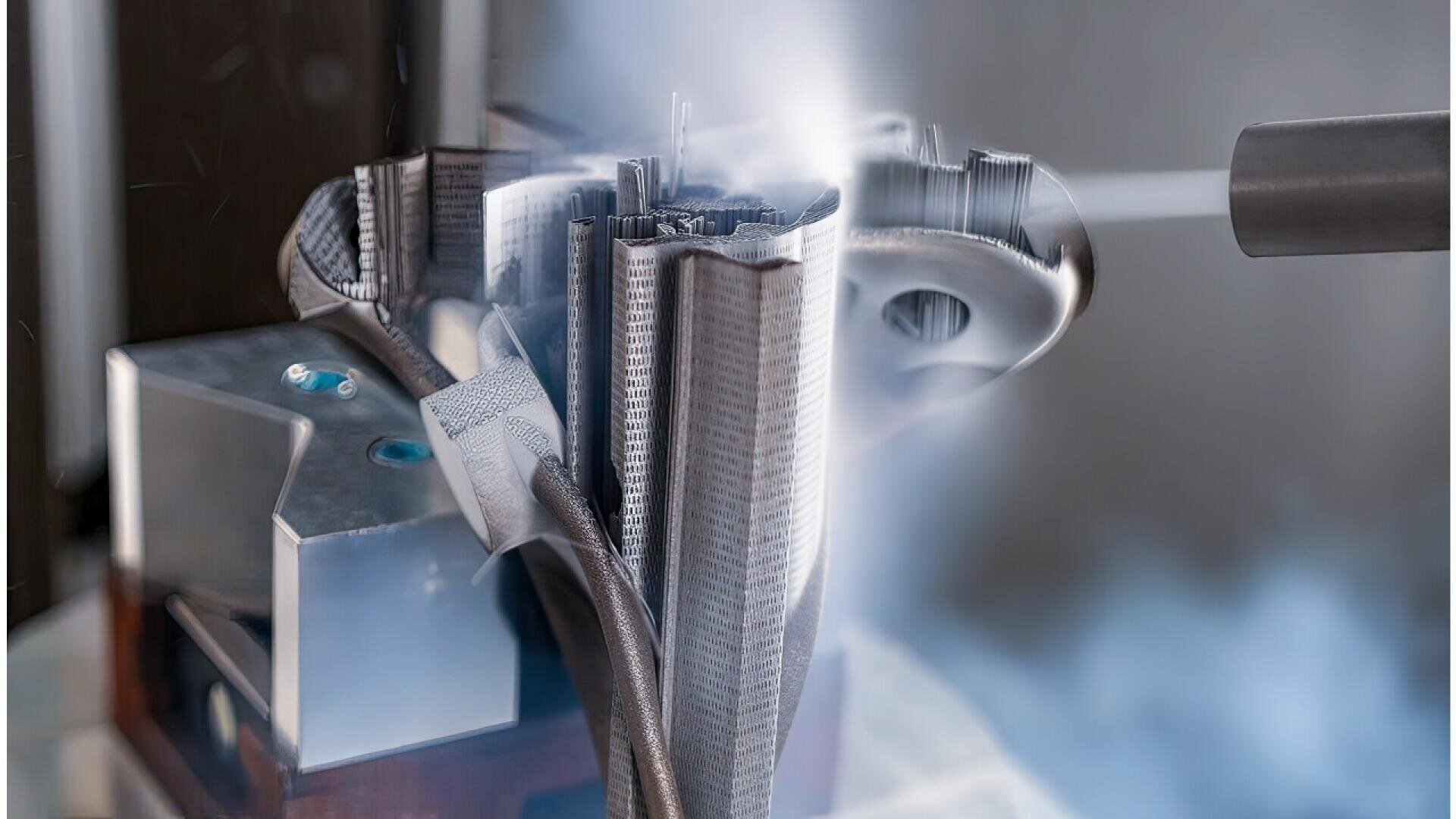 A close-up of a complex metallic 3D-printed object being processed or cooled with a jet of gas or vapor, with a blurred, high-tech background.
