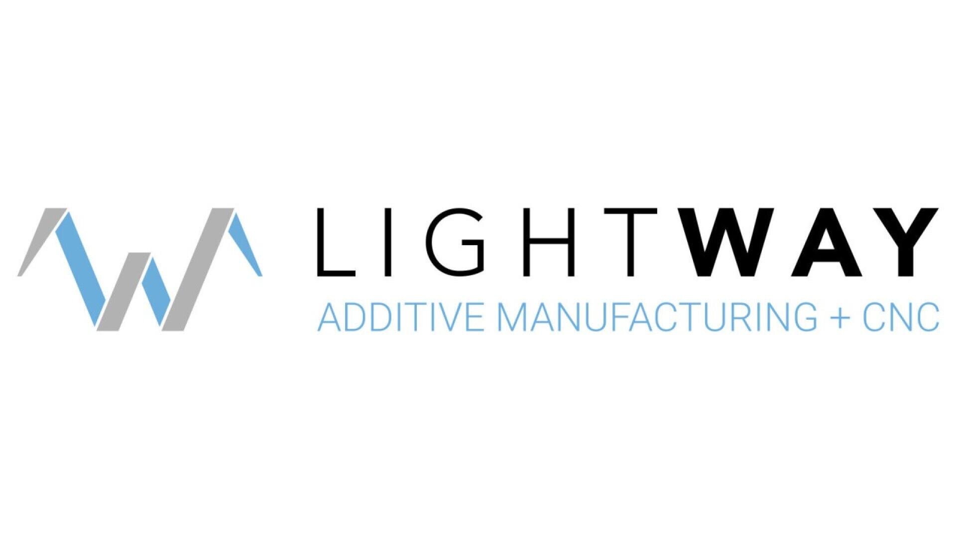 Logo for LightWay Additive Manufacturing + CNC, featuring a stylized LW in gray and blue on the left, with the company name in bold black and blue text on a white background.