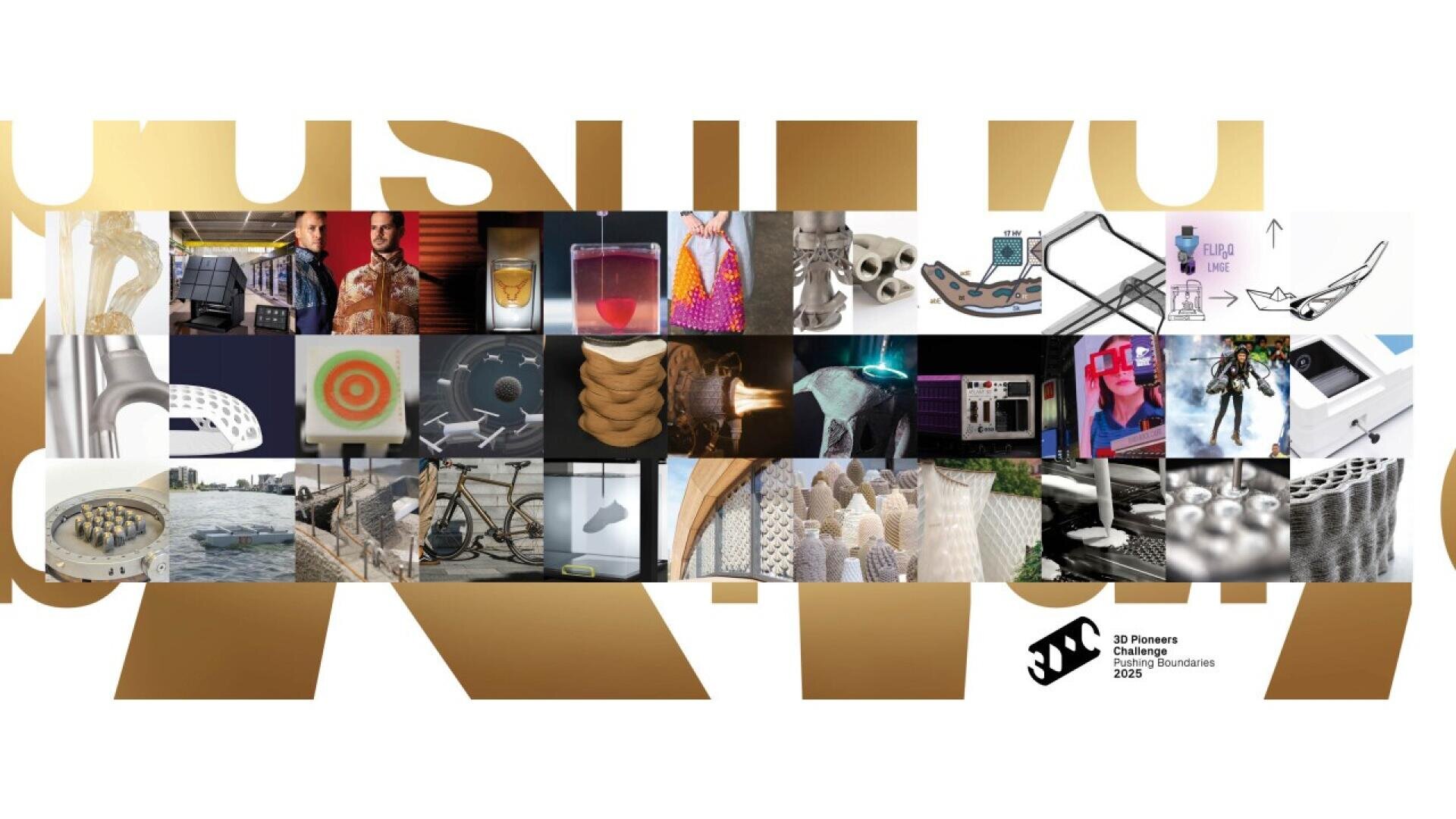 A collage of 25 images featuring 3D-printed objects, including medical models, food, textiles, architecture, tools, and gadgets, overlaid on large gold letters with a logo and text reading 3D Pioneers Challenge Breaking Boundaries 2023.