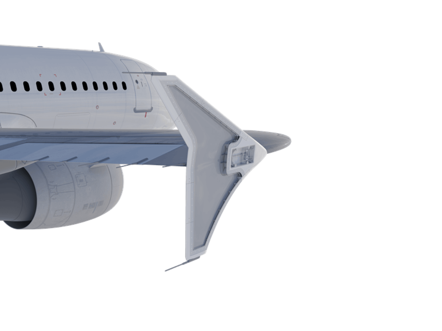 Eine Nahaufnahme eines Flugzeugflügels mit einem großen, einzigartig geformten Winglet. Rumpf und Triebwerk sind teilweise sichtbar. Der Hintergrund ist transparent.